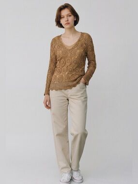 Joseph A Boutique Crochet Lace Blouse Tan Boho Sheer Rayon-Large